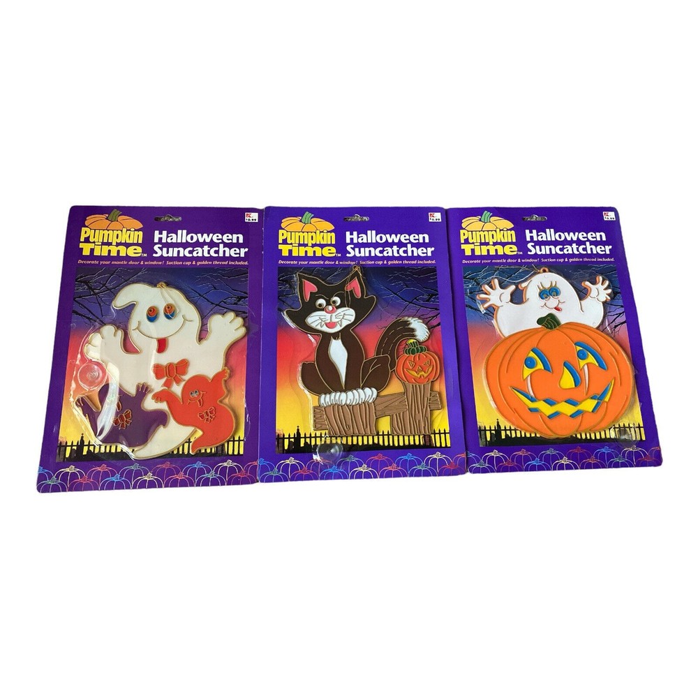 Lot Of 3 Vintage Pumpkin Time Halloween Suncatcher Ghost Pumpkin Black Cat *New